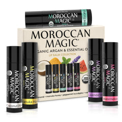 Moroccan Magic front packaging showing the five-pack gift set and branding benefit