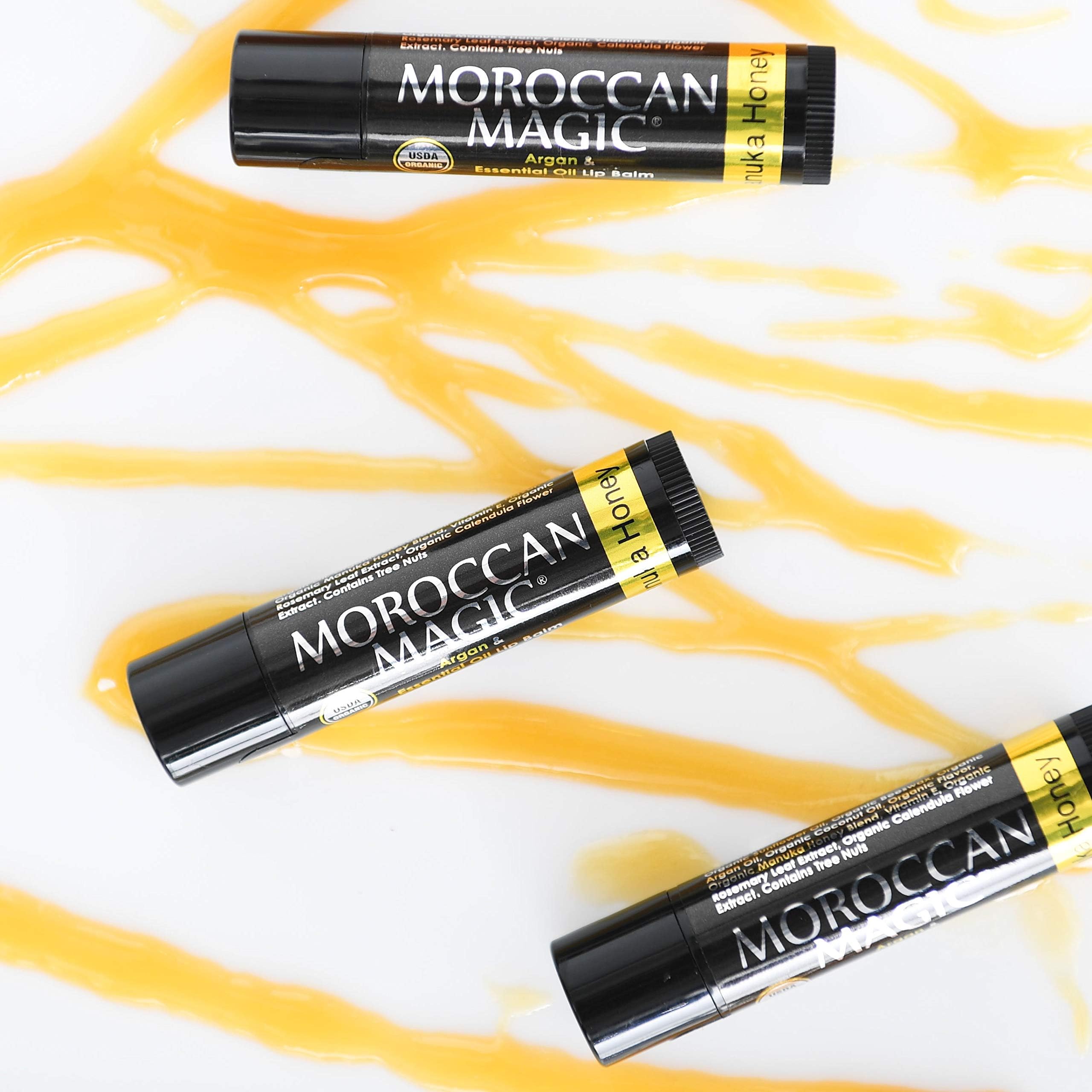Moroccan Magic lip balm tucked in a bag depicting travel-ready care and everyday convenience benefit