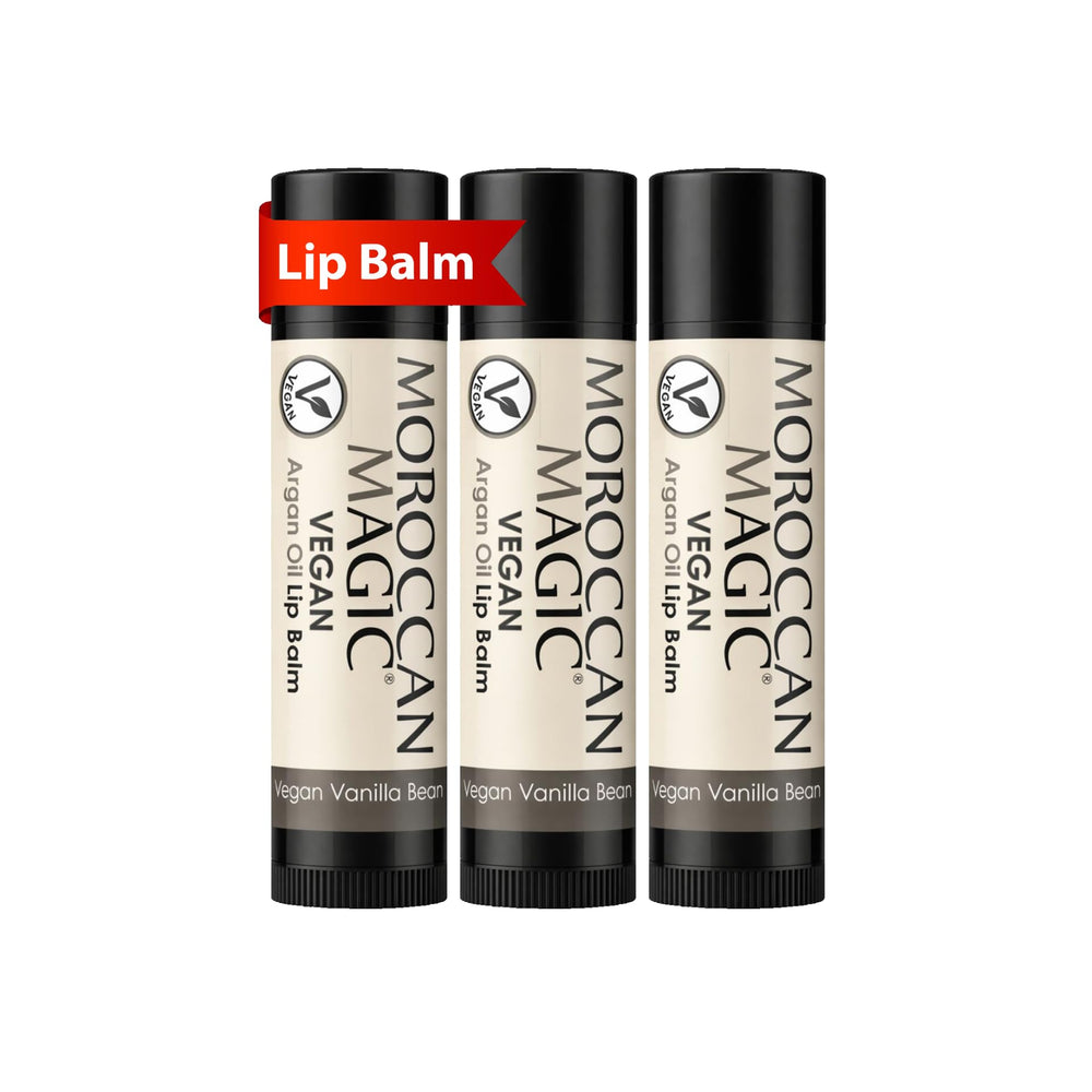Moroccan Magic front packaging showing vanilla lip balm and organic claim benefiting daily hydration