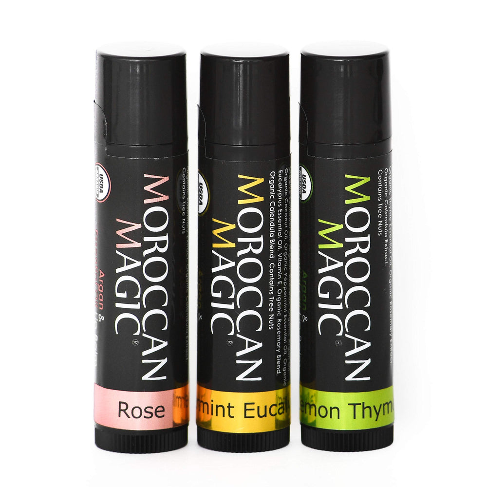 Moroccan Magic variety pack front view showing three lip balm tubes for versatile hydration
