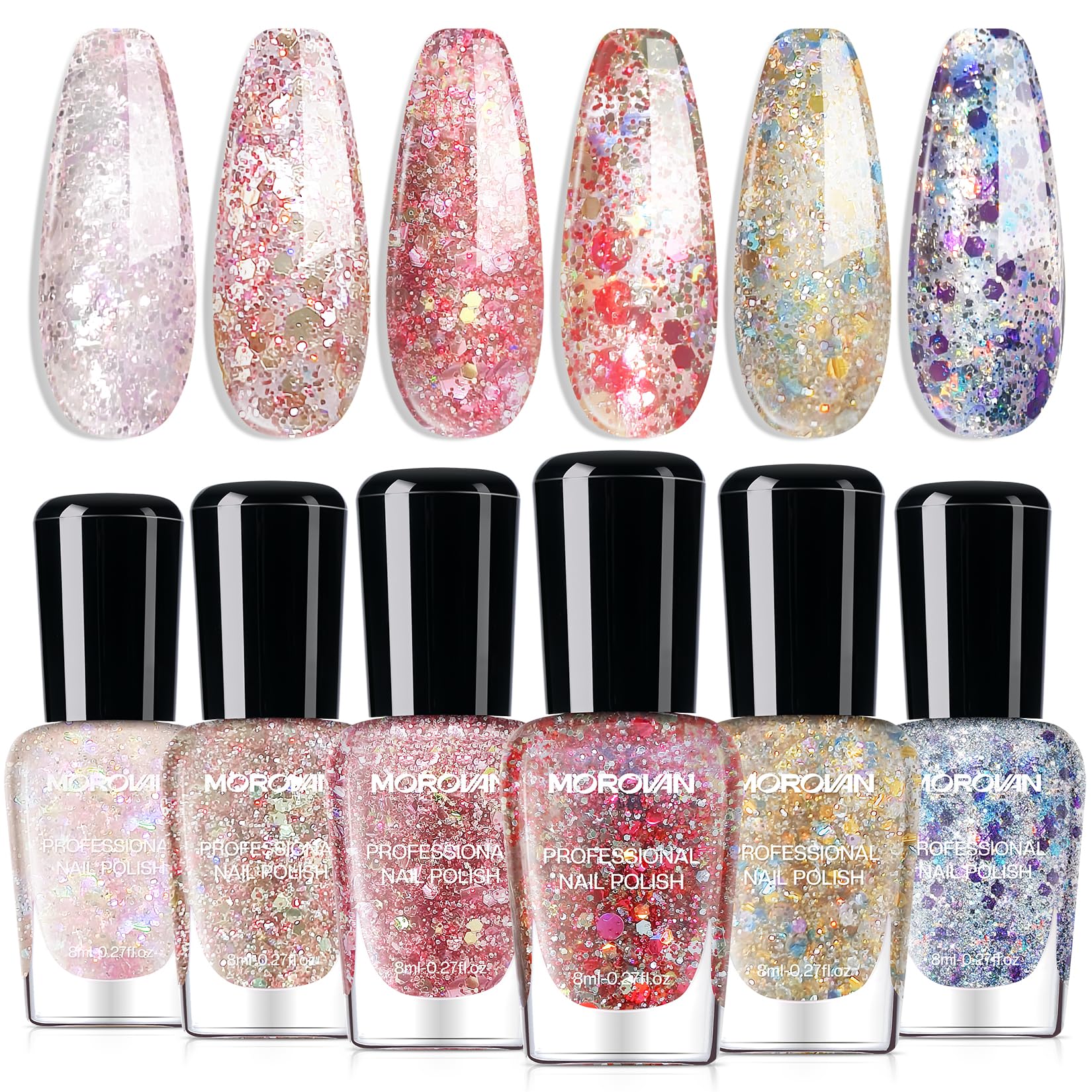 Morovan confetti set front view showing six colorful bottles and bold glitter benefits