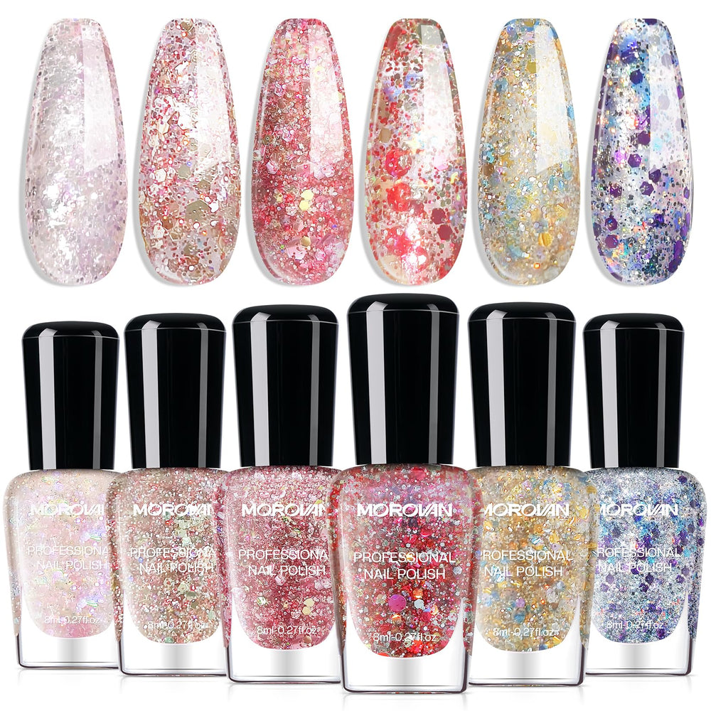 Morovan confetti set front view showing six colorful bottles and bold glitter benefits