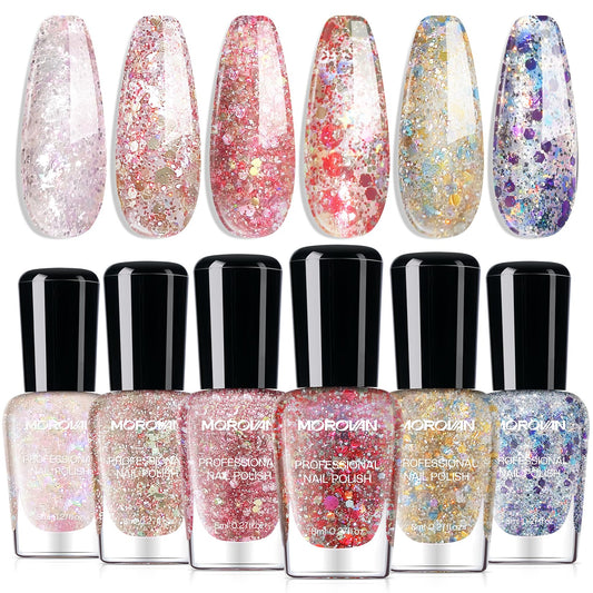 Morovan confetti set front view showing six colorful bottles and bold glitter benefits