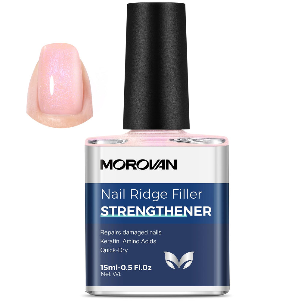 Morovan front bottle showing glitter pink strengthener and immediate cosmetic benefit