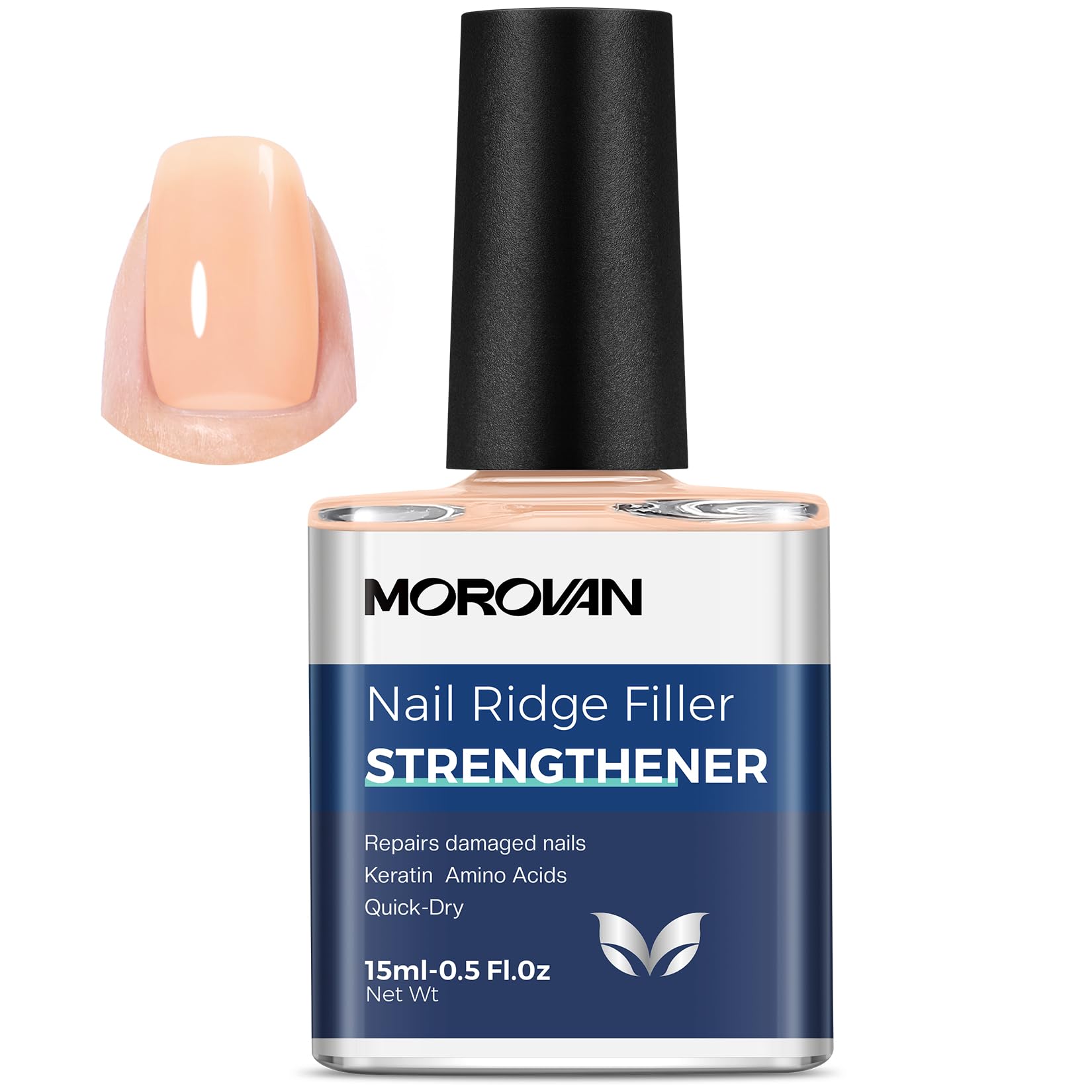 Morovan front bottle showing nude hardener and clear benefit of smooth nails