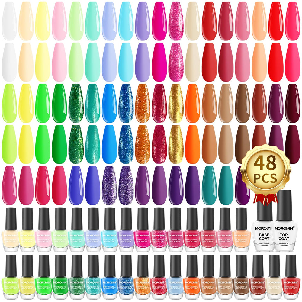 Morovan front packaging showing 48 quick-dry colors and included base and top coats for variety