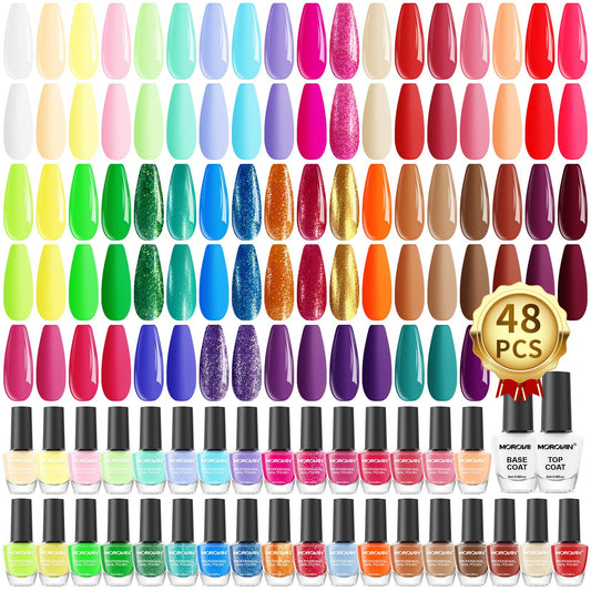 Morovan front packaging showing 48 quick-dry colors and included base and top coats for variety