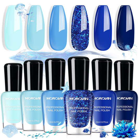 Morovan front packaging showing six blue polishes and quick-dry benefit