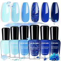 Morovan front packaging showing six blue polishes and quick-dry benefit