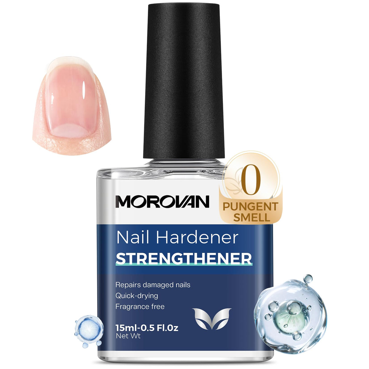 Morovan front bottle shot showing clear nail strengthener and polished finish benefit