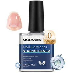 Morovan front bottle shot showing clear nail strengthener and polished finish benefit