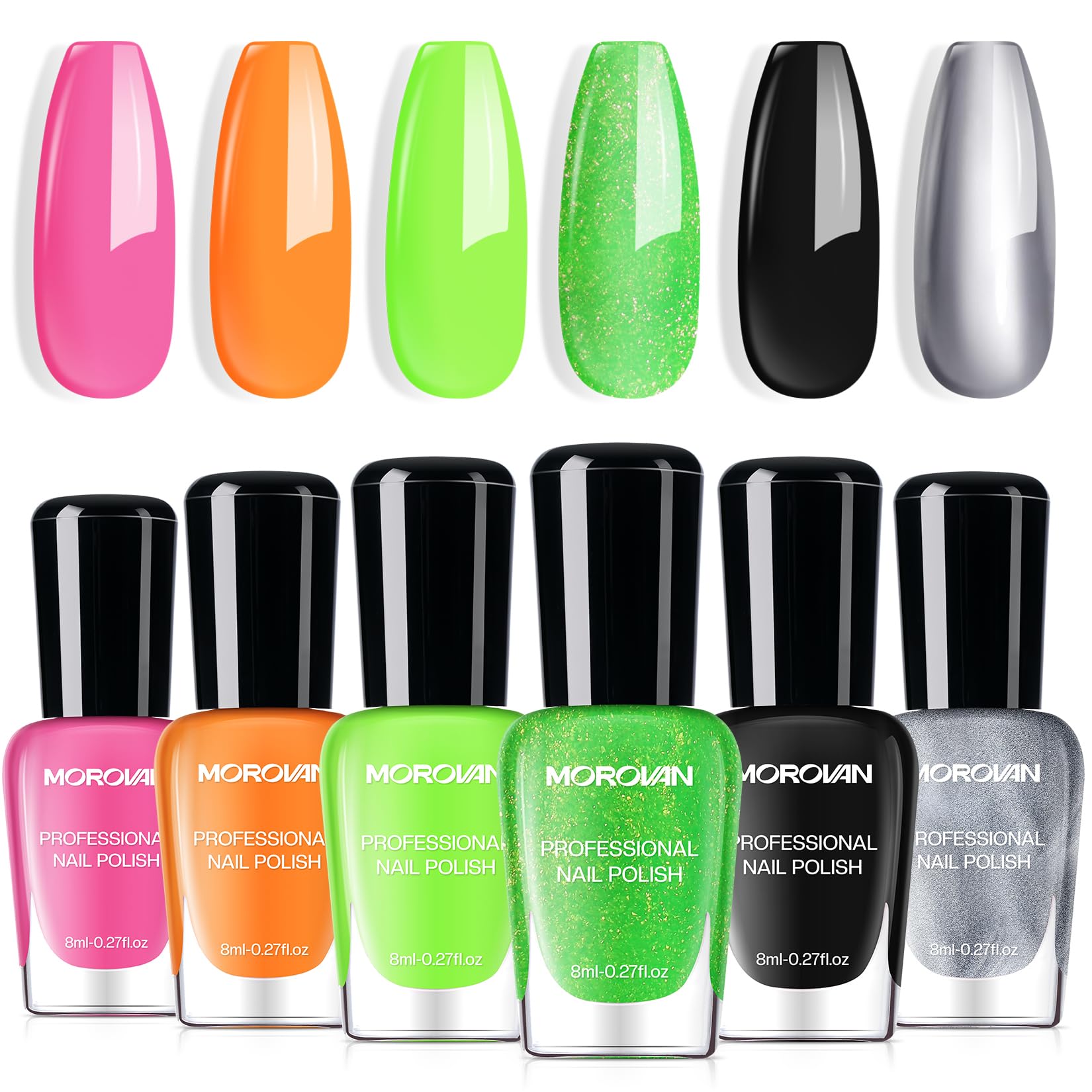 Morovan front packaging showing all six neon bottles and bold colors