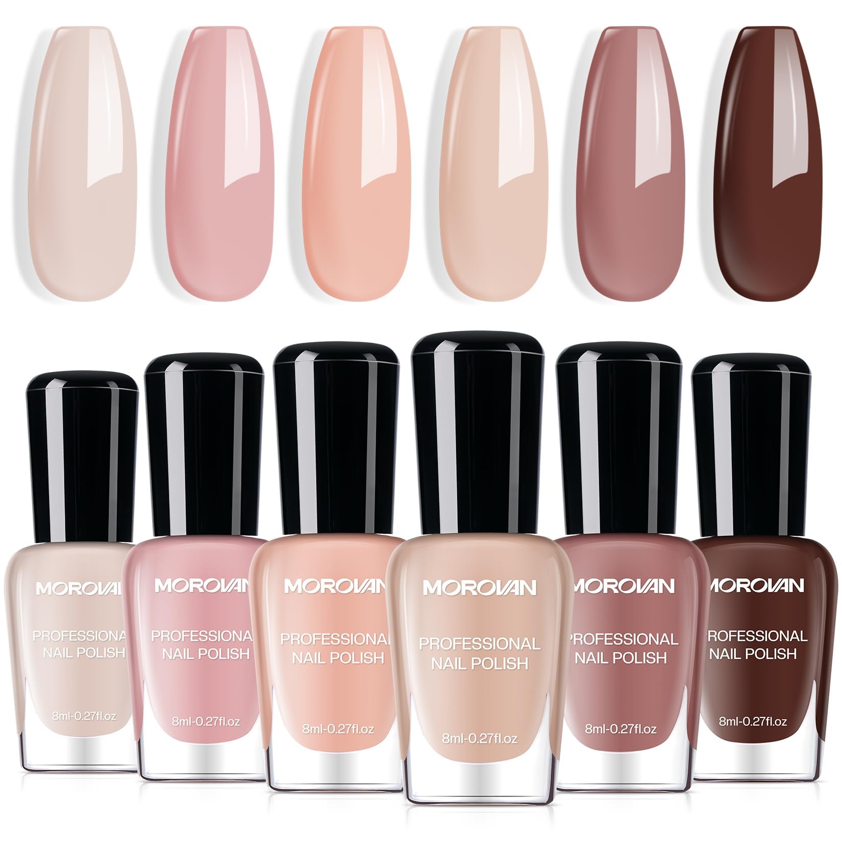 Morovan front packaging showing six nude shades and glossy finish benefit