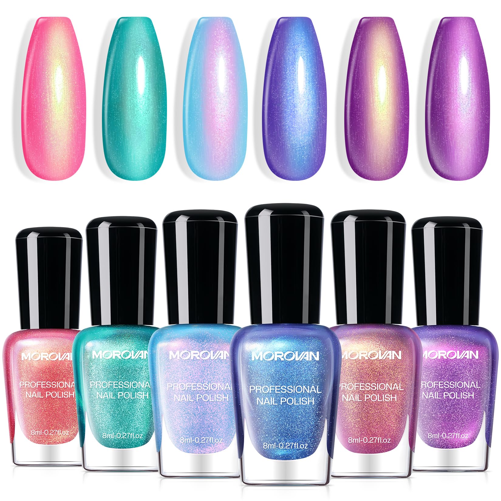 Morovan front packaging showing six iridescent ombre polish bottles and kit benefits