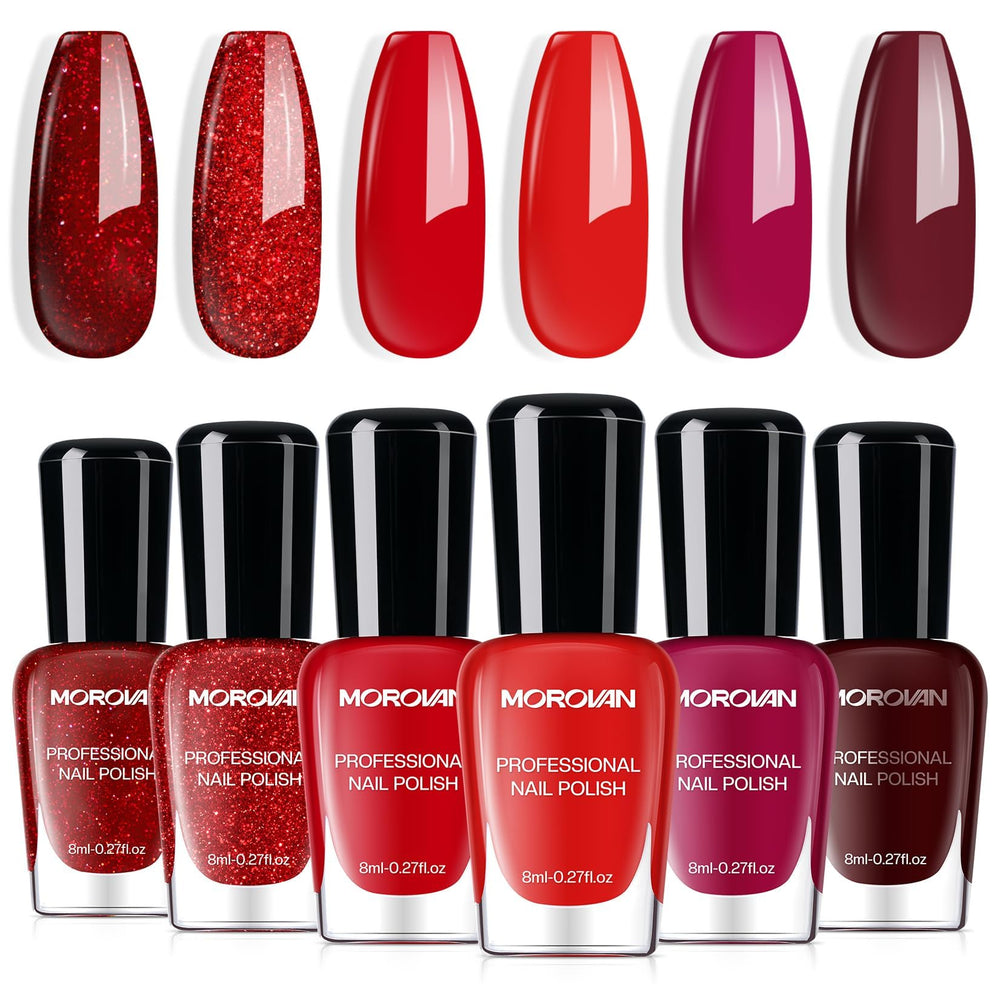 Morovan front packaging showing nine red polish bottles and labels, clear presentation benefit