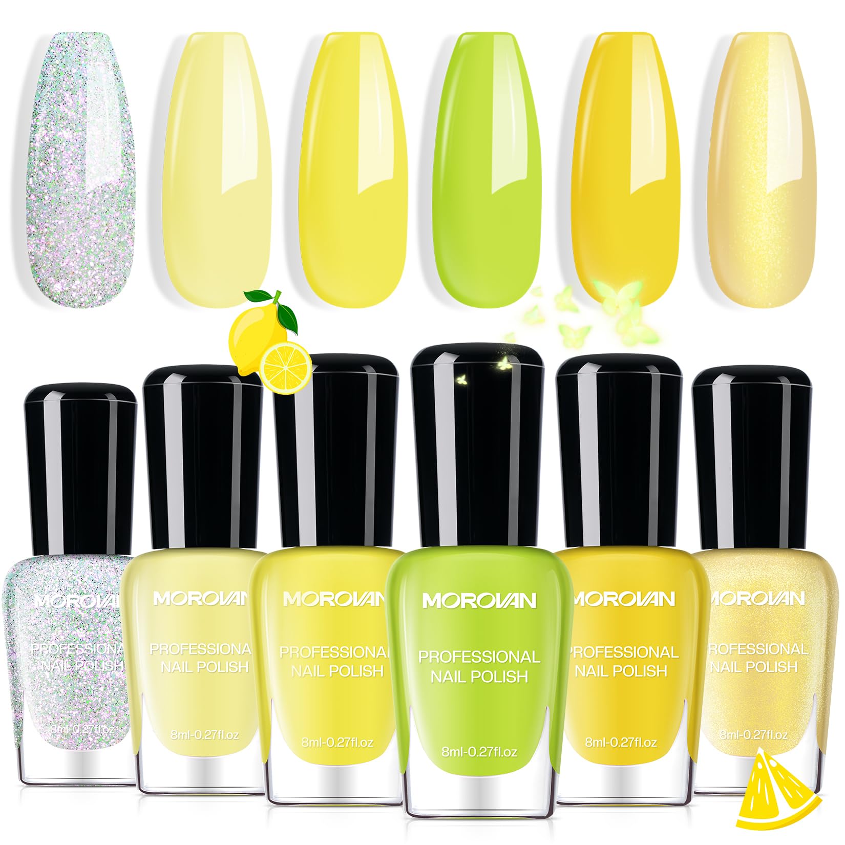 Morovan front packaging showing six yellow shades, easy selection benefit