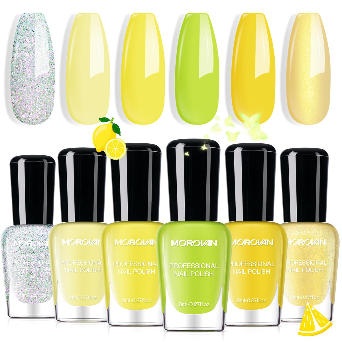 Morovan front packaging showing six yellow shades, easy selection benefit