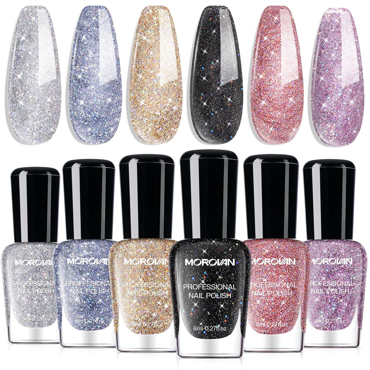 Morovan front packaging showing six-color glitter set and quick-dry benefit
