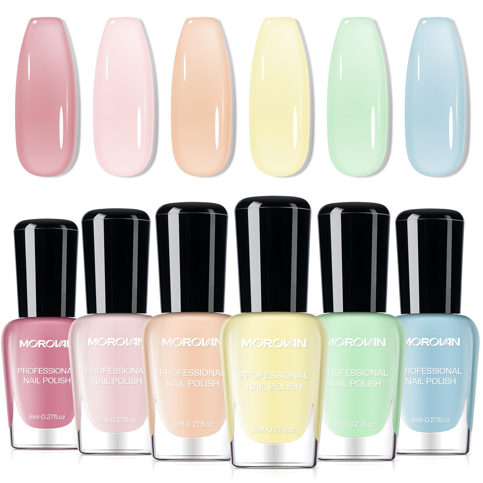 Morovan front packaging showing six pastel jelly mini bottles and color preview benefits quick gifting