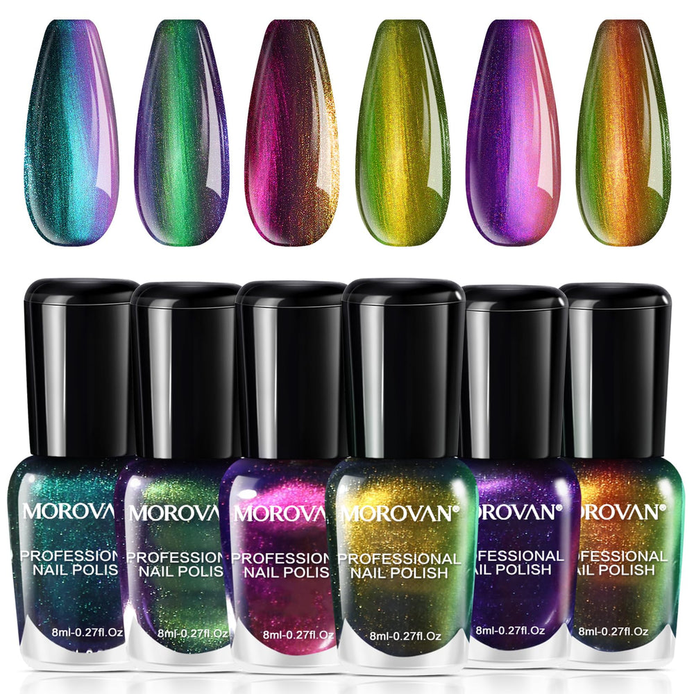 Morovan front packaging showing six holographic polish colors and set benefit
