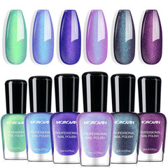 Morovan front packaging showing six holographic polish bottles and brand