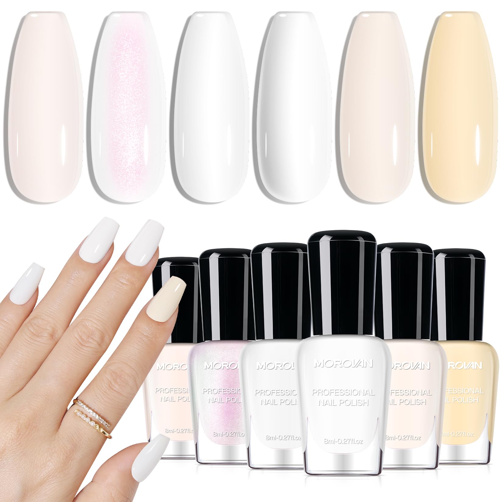 Morovan front packaging showing all six white shades and neat presentation benefit: easy selection