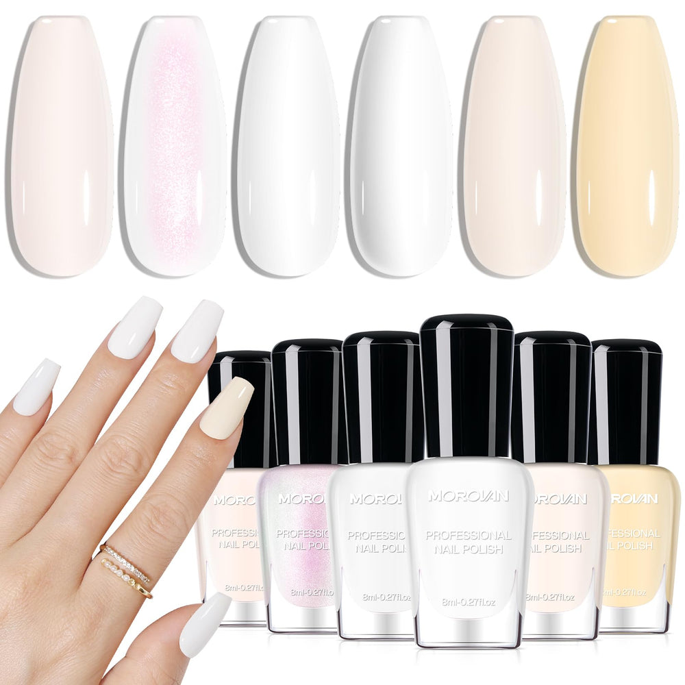 Morovan front packaging showing all six white shades and neat presentation benefit: easy selection