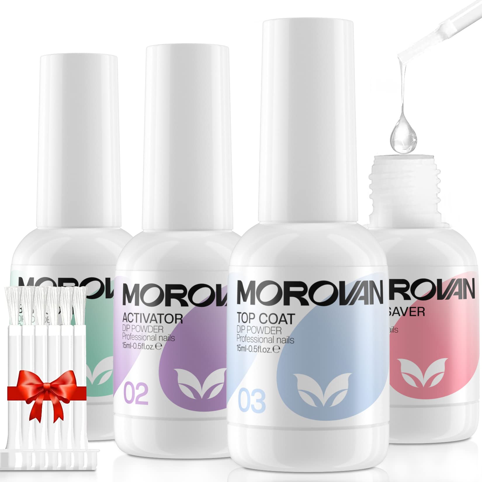 Morovan front packaging showing four 0.5oz bottles and brush replacements for compact convenience