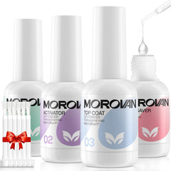 Morovan front packaging showing four 0.5oz bottles and brush replacements for compact convenience
