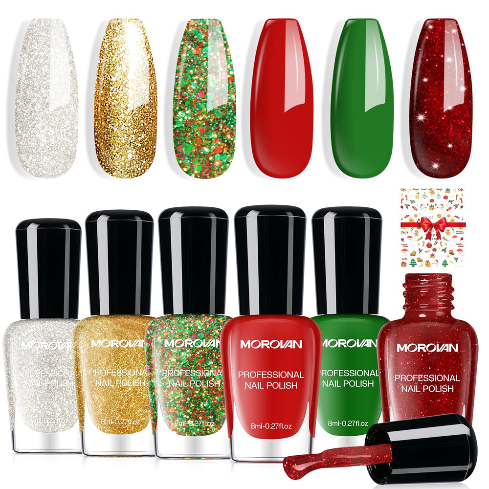 Morovan front packaging showing six festive polish bottles and stickers, great for gifting