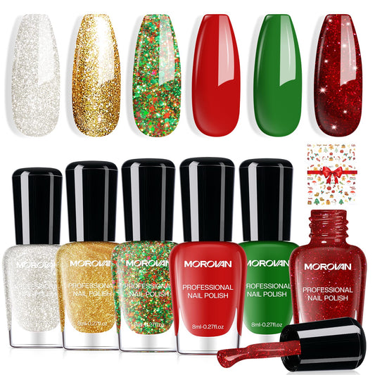 Morovan front packaging showing six festive polish bottles and stickers, great for gifting