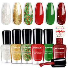 Morovan front packaging showing six festive polish bottles and stickers, great for gifting