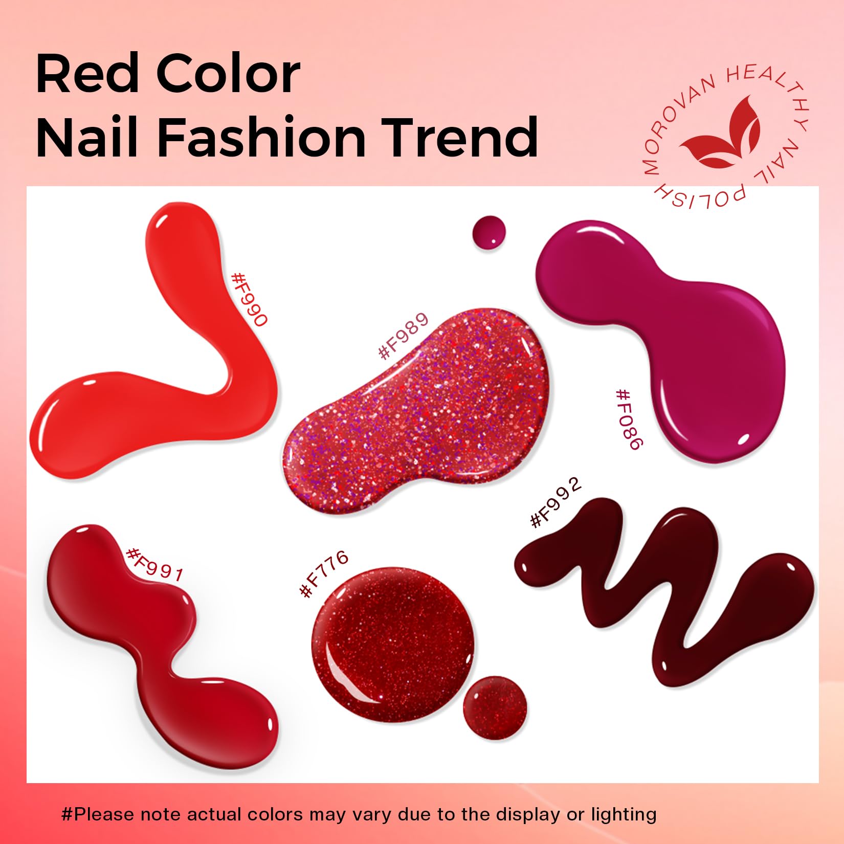 Morovan cherry red glitter swatch on nail sample delivering bright shimmer effect