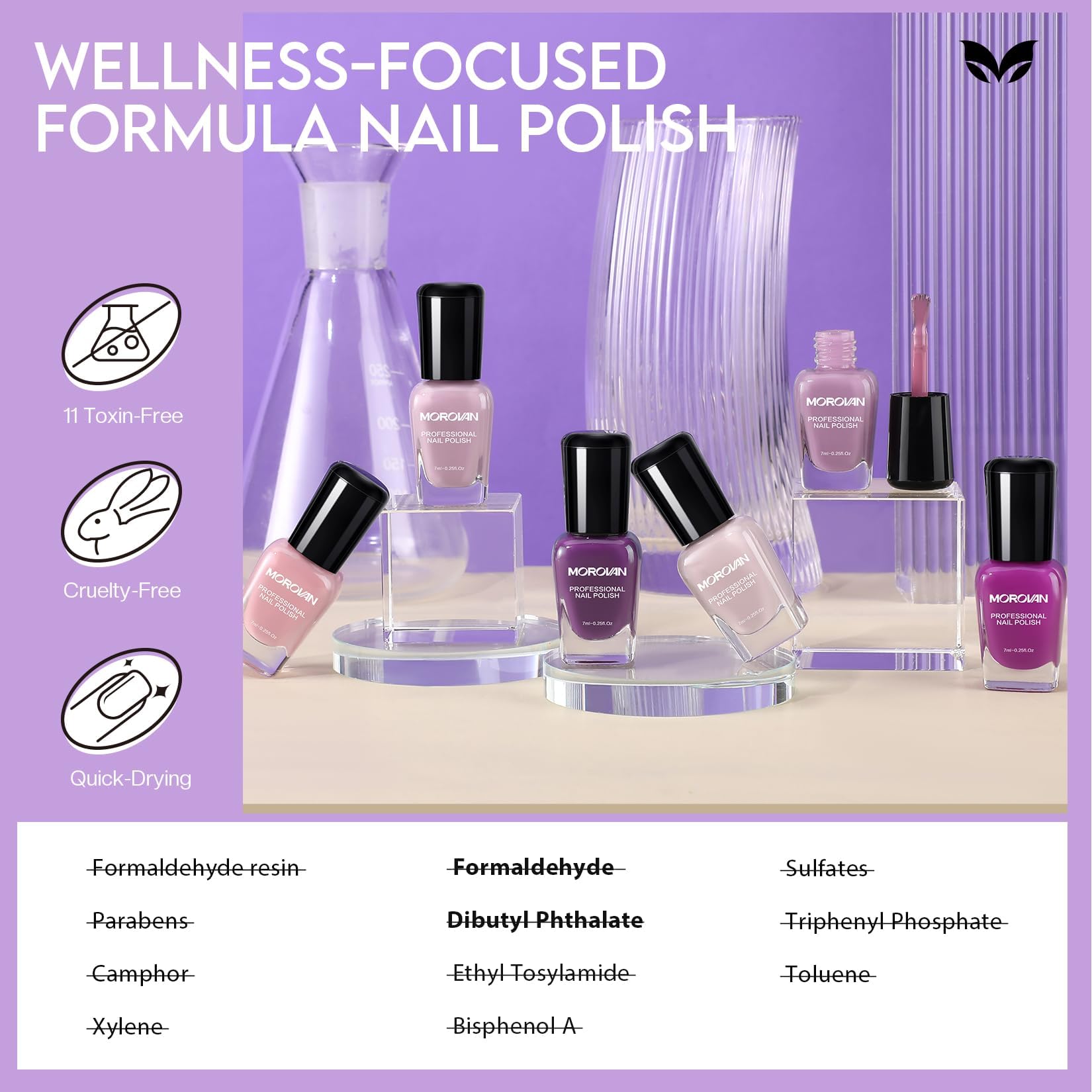 Morovan hand model manicure lavender showing glossy finish and quick-dry benefit