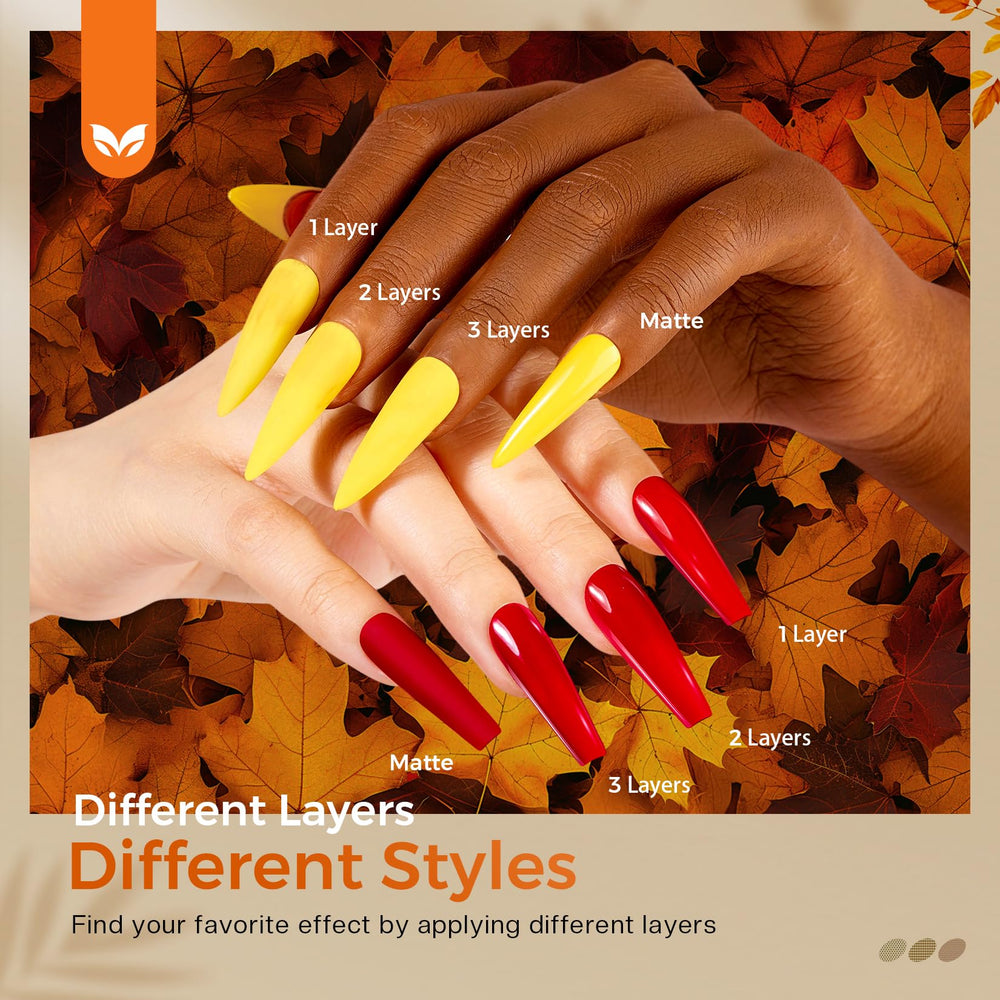 Morovan hand with fall-themed manicure showcasing wearable seasonal colors
