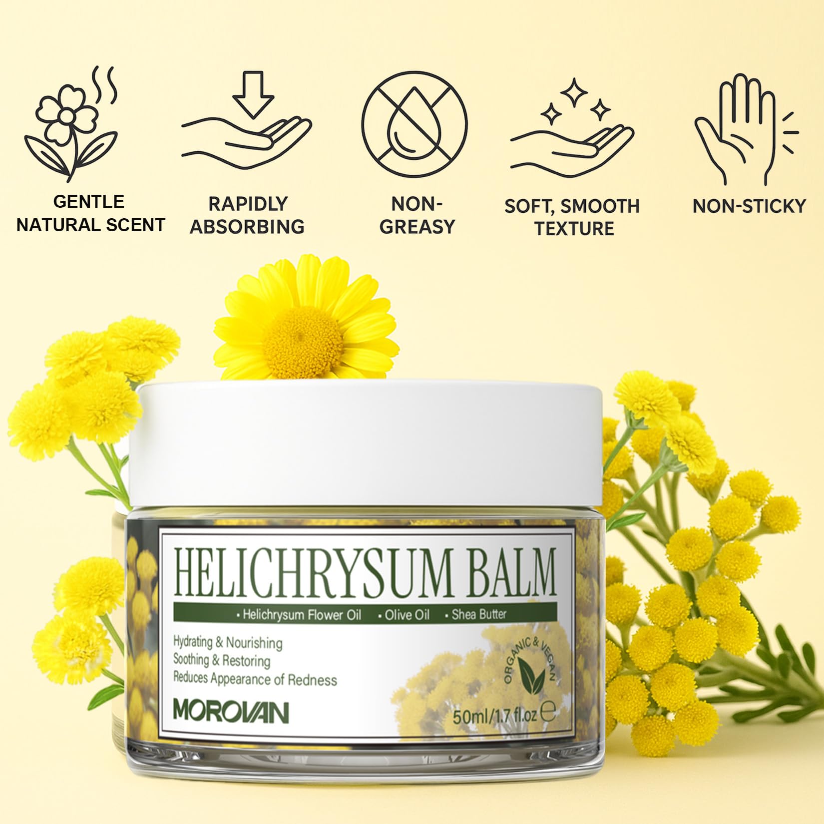 Morovan ingredients display shea butter and beeswax for deep hydration