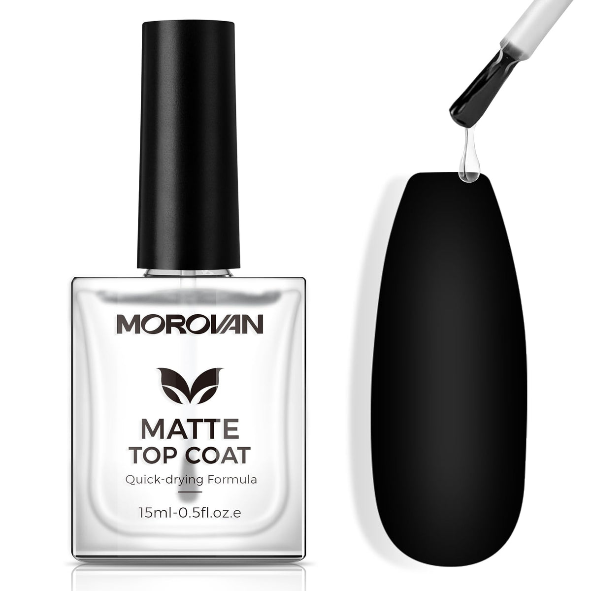 Morovan front bottle showing matte top coat and clear branding for quick identification