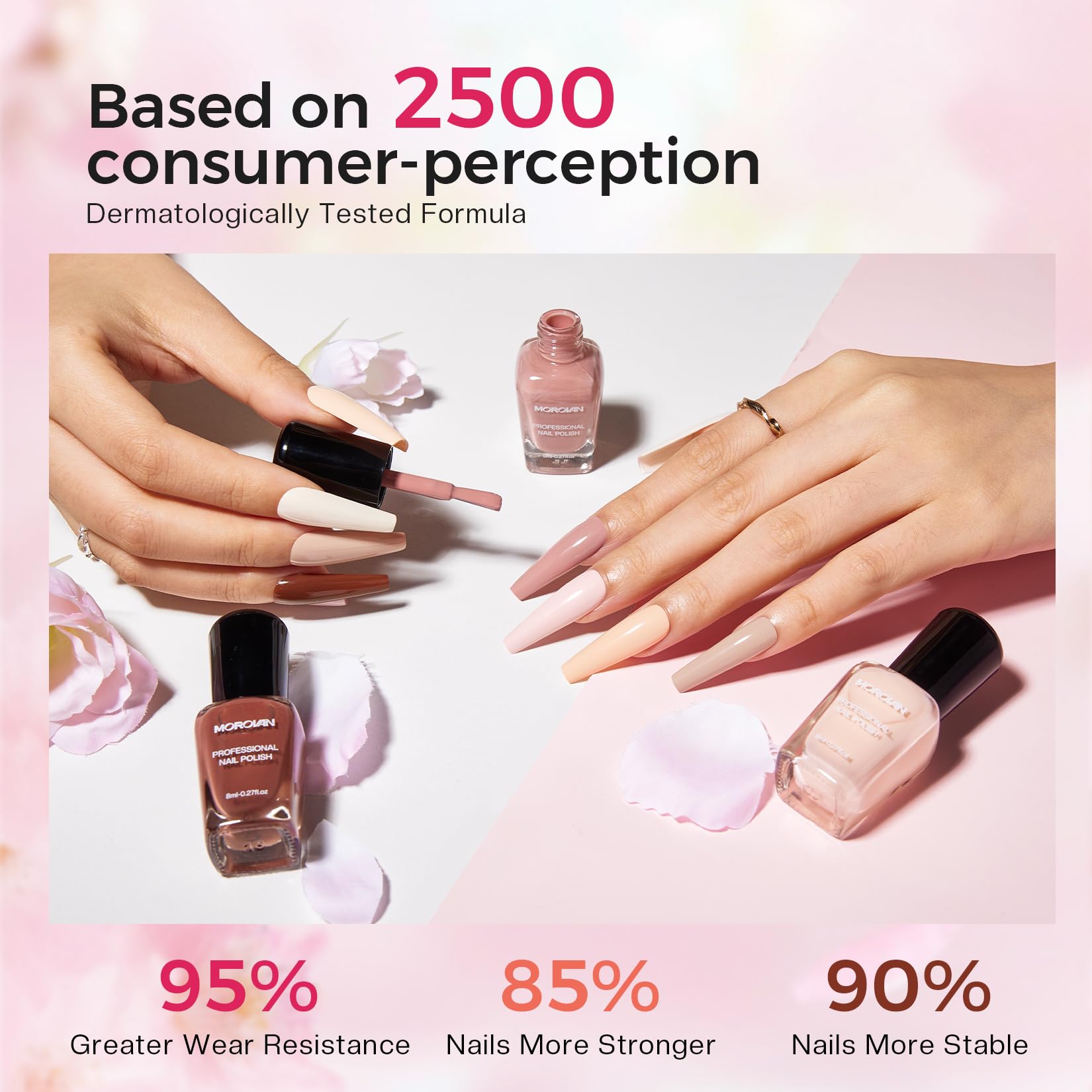 Morovan painted fingernails in natural light showcasing long-lasting shine