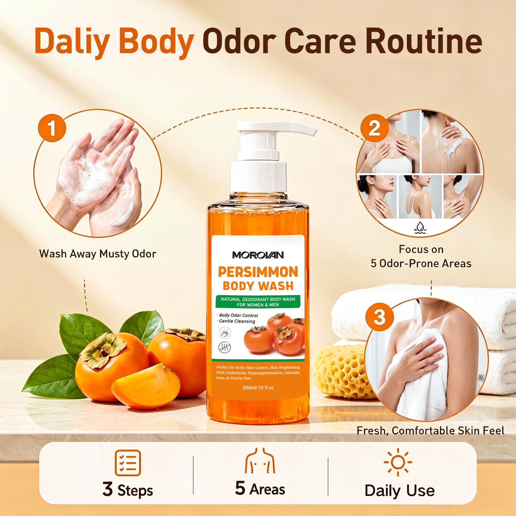 Morovan persimmon extract bottle highlighting deodorizing power