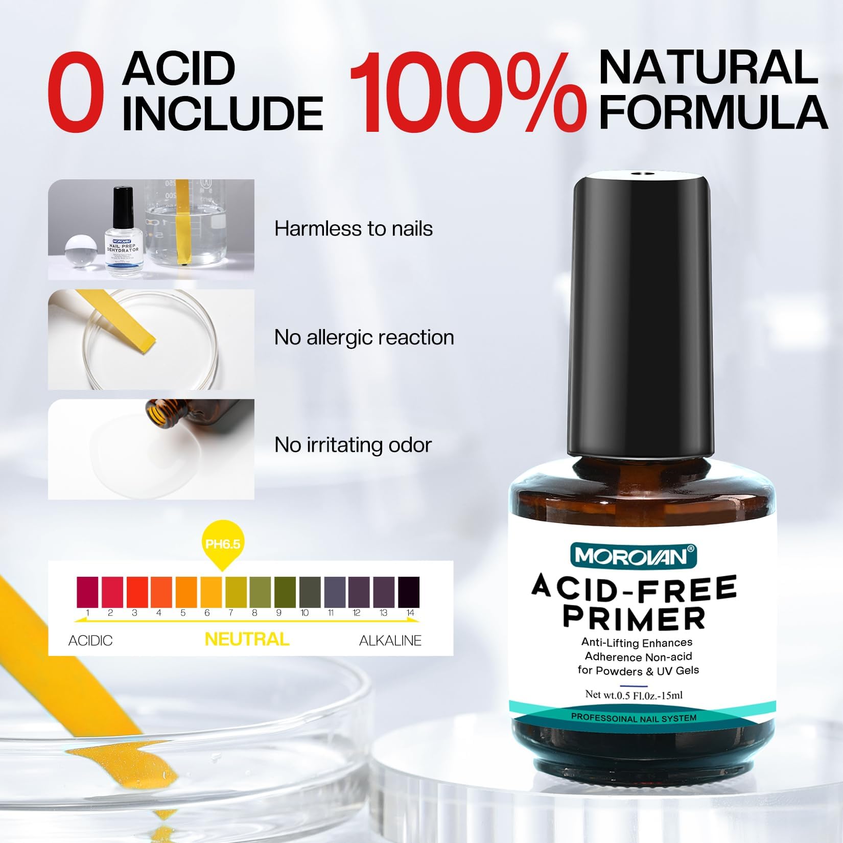 Morovan primer application with brush on nail illustrating improved adhesion benefits
