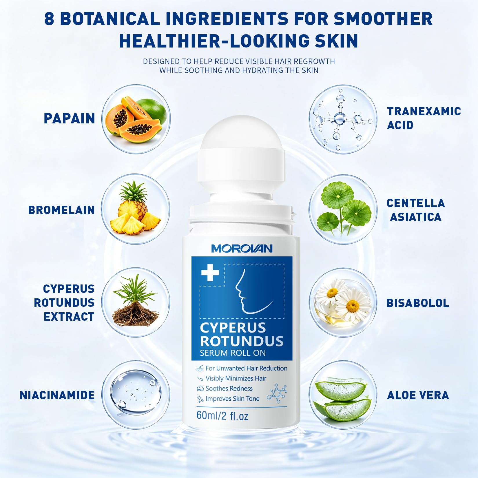 Morovan bottle with ingredient sprigs flatlay indicating natural-sourced benefit
