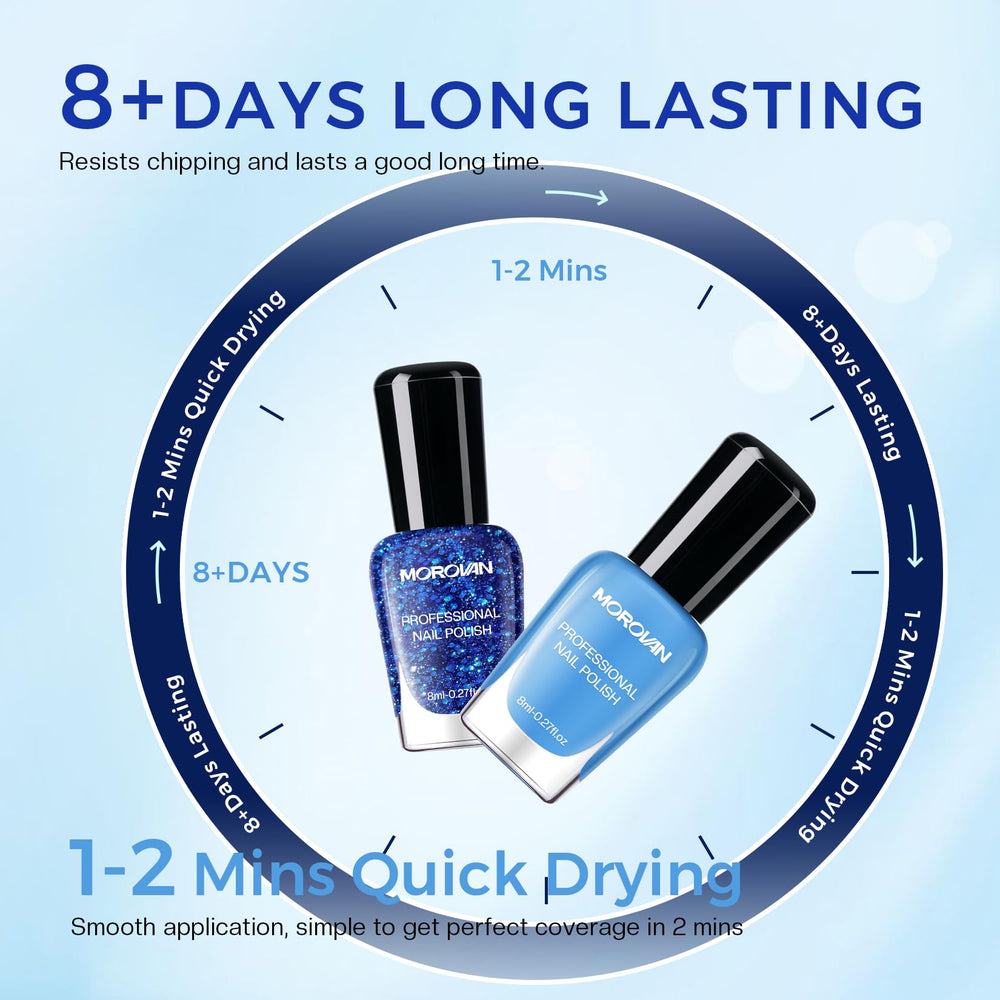 Morovan six shades laid flat demonstrating versatile blue palette