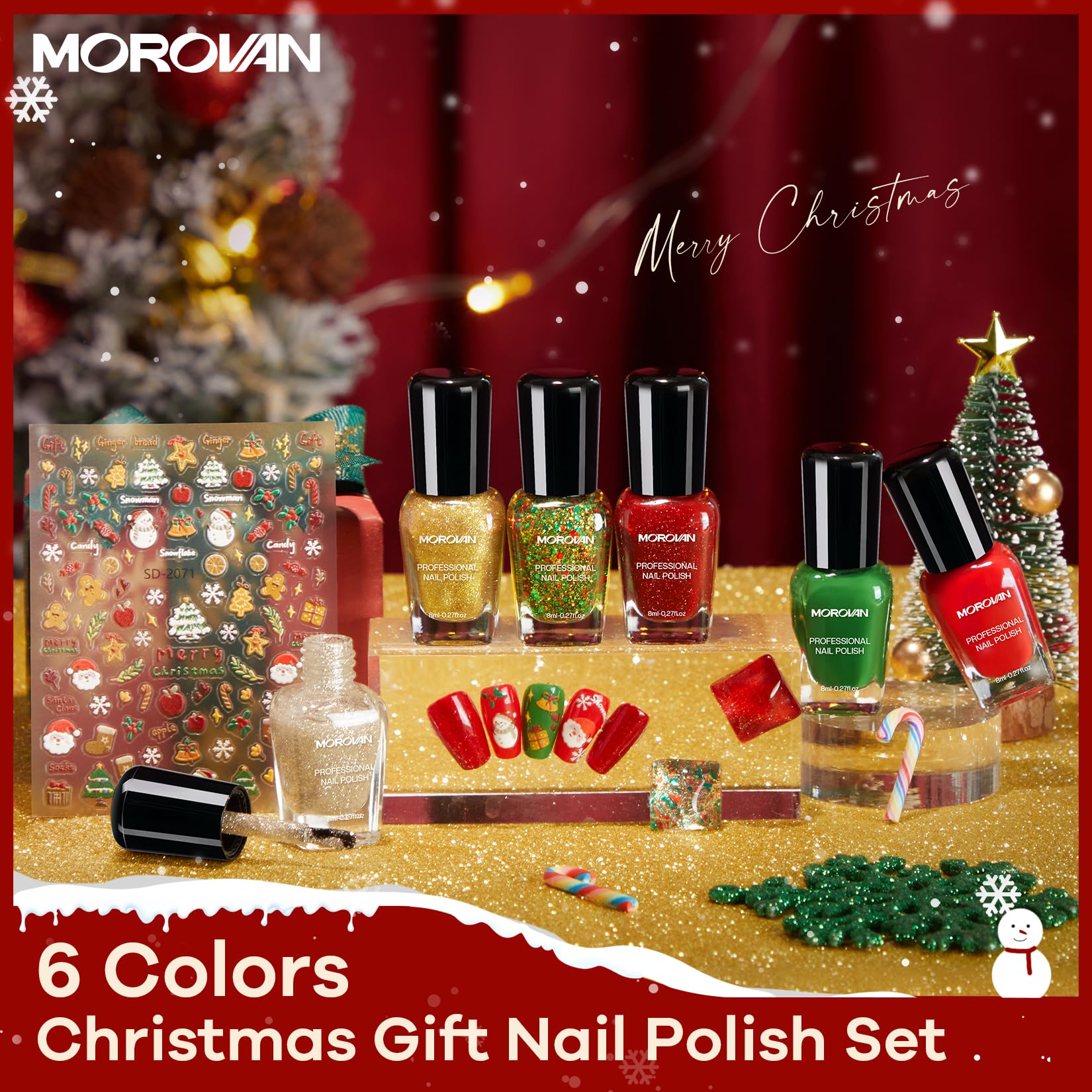 Morovan stickers sheet with snowflakes and trees, easy festive nail art application