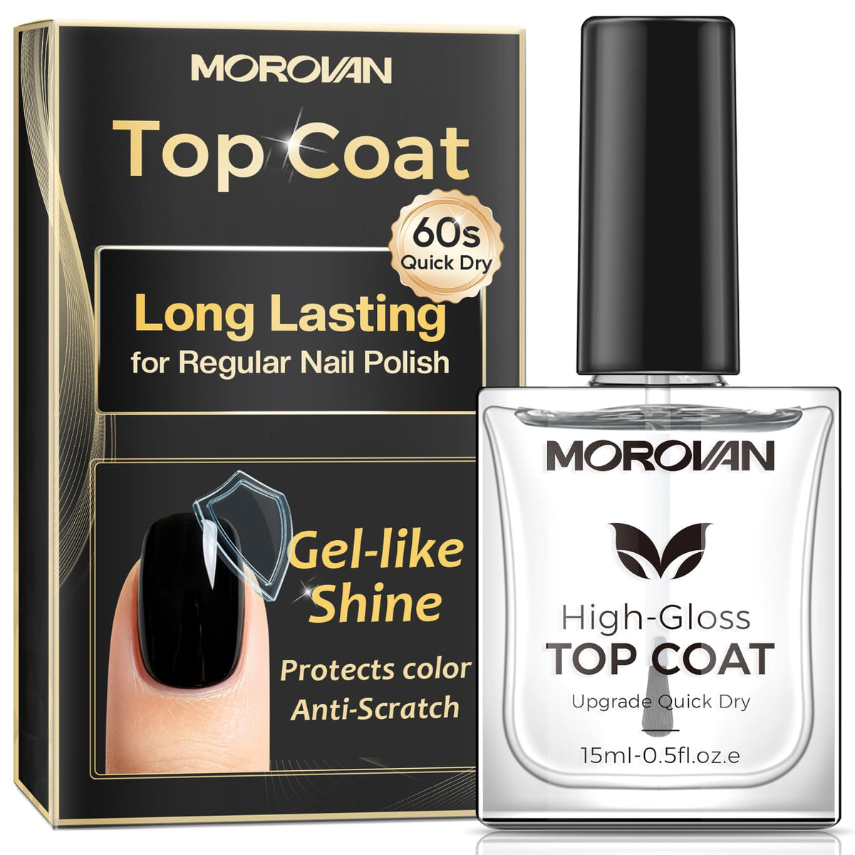 Morovan bottle front view showing glossy finish benefit