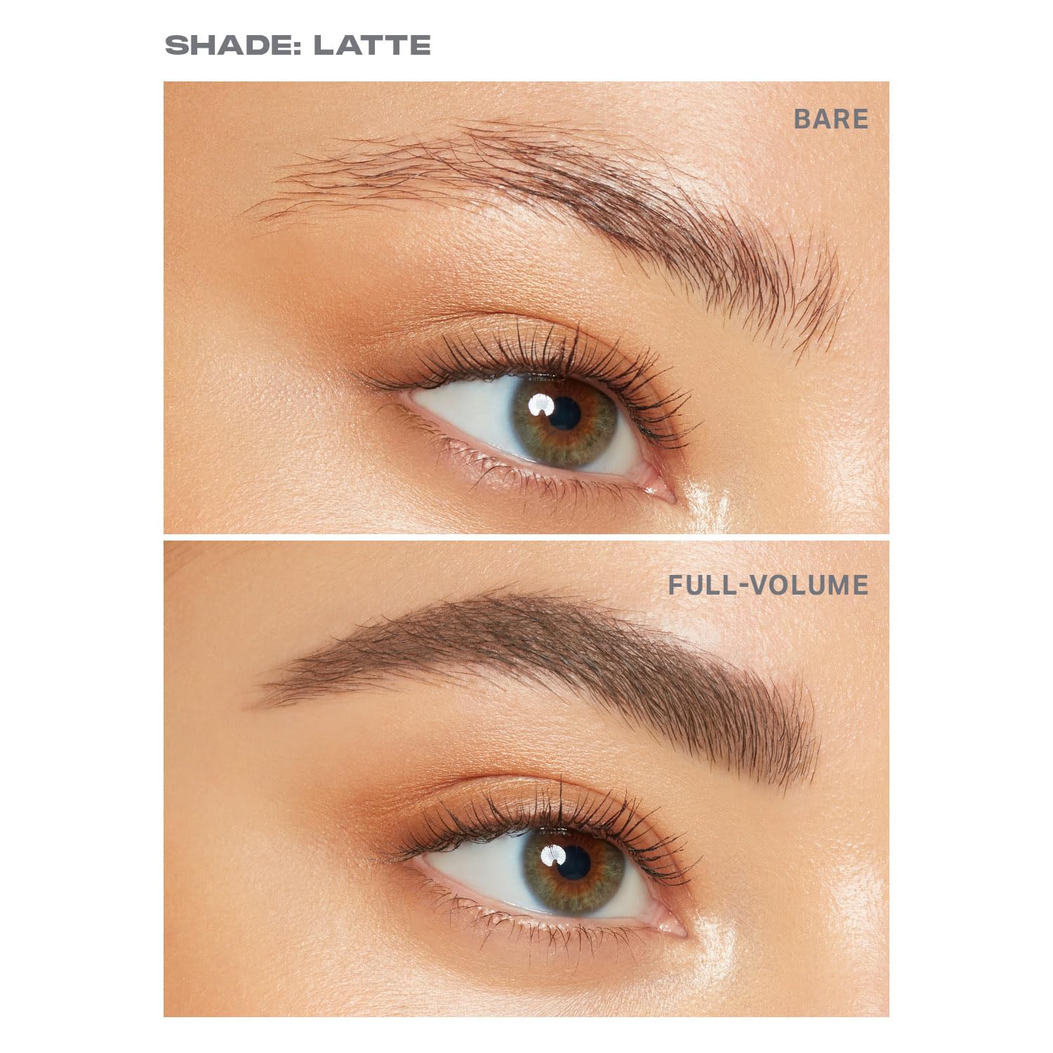 MORPHE before-and-after brows on model illustrating visible thickness and lifted, matte finish