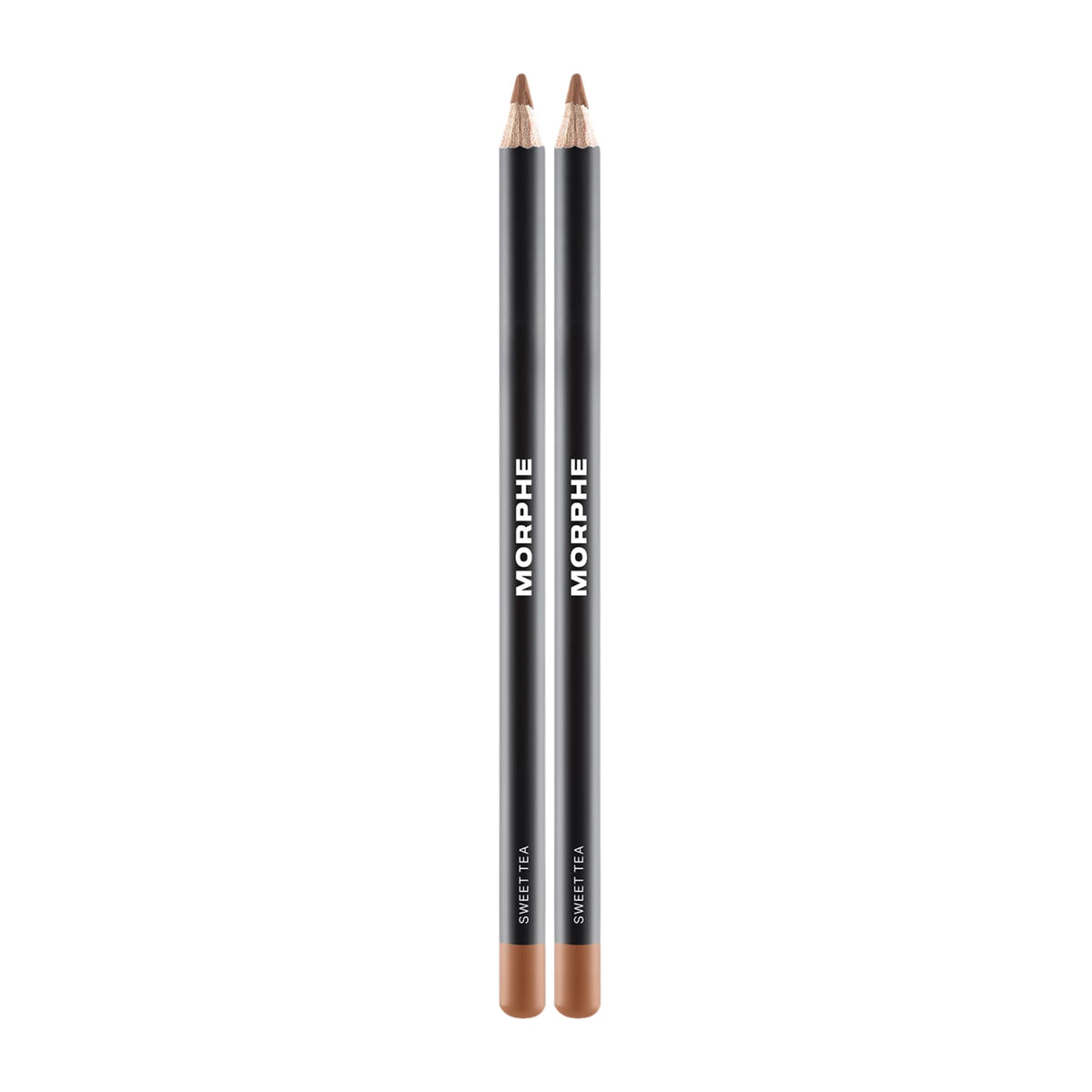 MORPHE color pencil front view showing two Sweet Tea pencils and clear caps benefit precision
