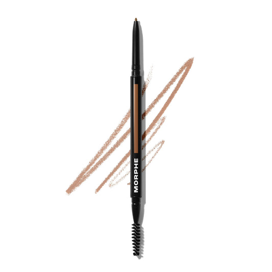 MORPHE front view of dual-ended eyebrow pencil showing compact design and brand