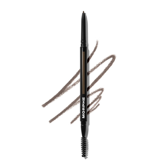 MORPHE dual-ended brow pencil front view showing Java shade and packaging benefit: easy grab