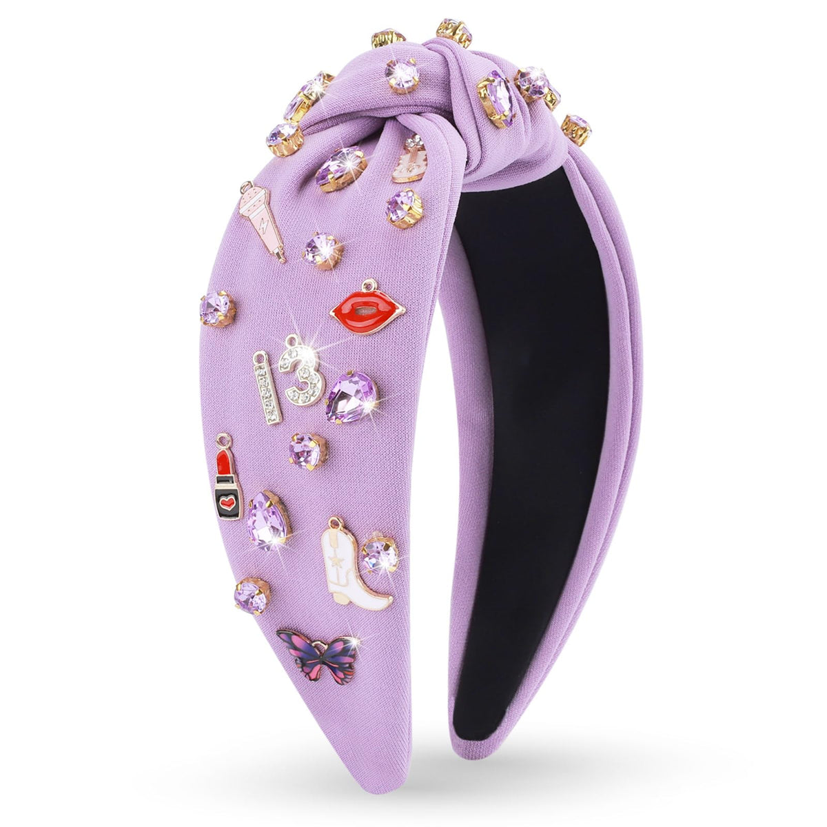MOSOTECH front view purple headband showing knotted top and rhinestones for stylish hold