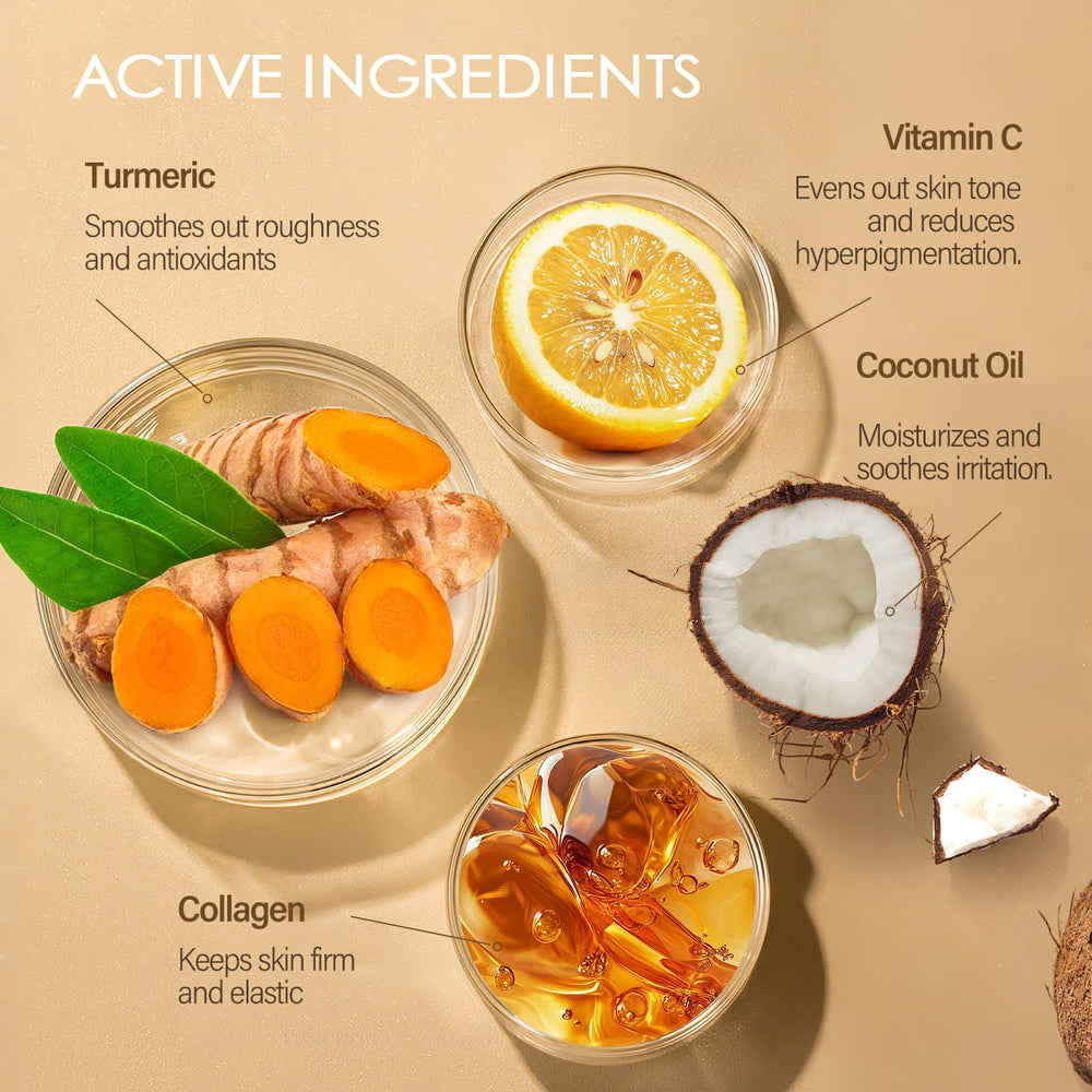 MOSRROU turmeric and vitamin C ingredients display emphasizing brightening support